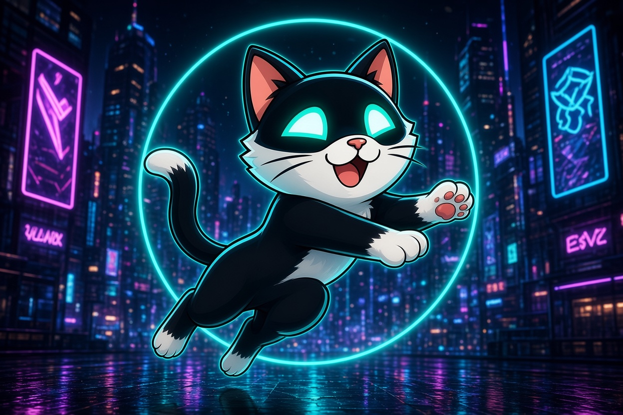 HYPER CAT leaning back in a neon gaming chair, holding a controller with a glowing paw print